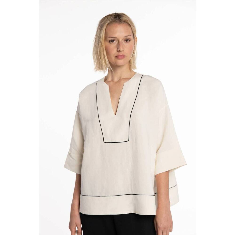 NEW NAULOVER linen blouse with contrast trim in ivory